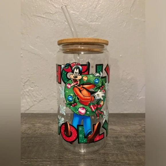 Hand Crafted Holly Jolly Goofy Glass Tumbler - Picture 1 of 7
